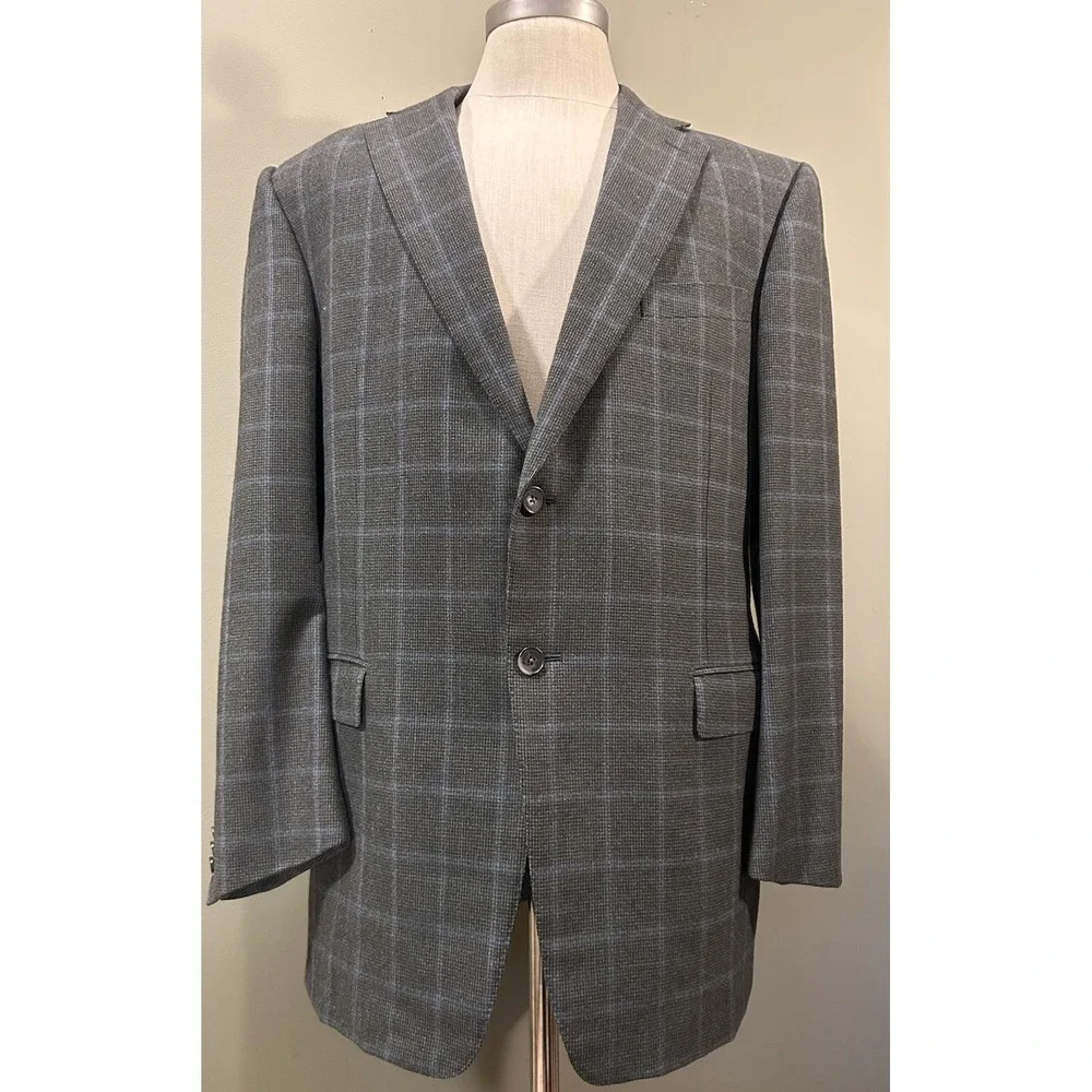 Ermenegildo Zegna Blazer Roma Gray Blue Windowpane Wool Sport Coat Mens Sz 46R